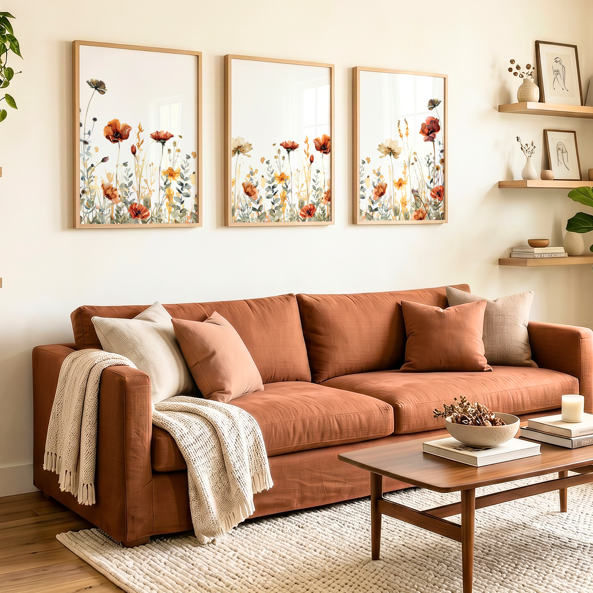 Flower wall art featuring burgundy, orange, and cream colored wildflowers above the couch. Set of 3 floral prints for bedroom, living room or kitchen.