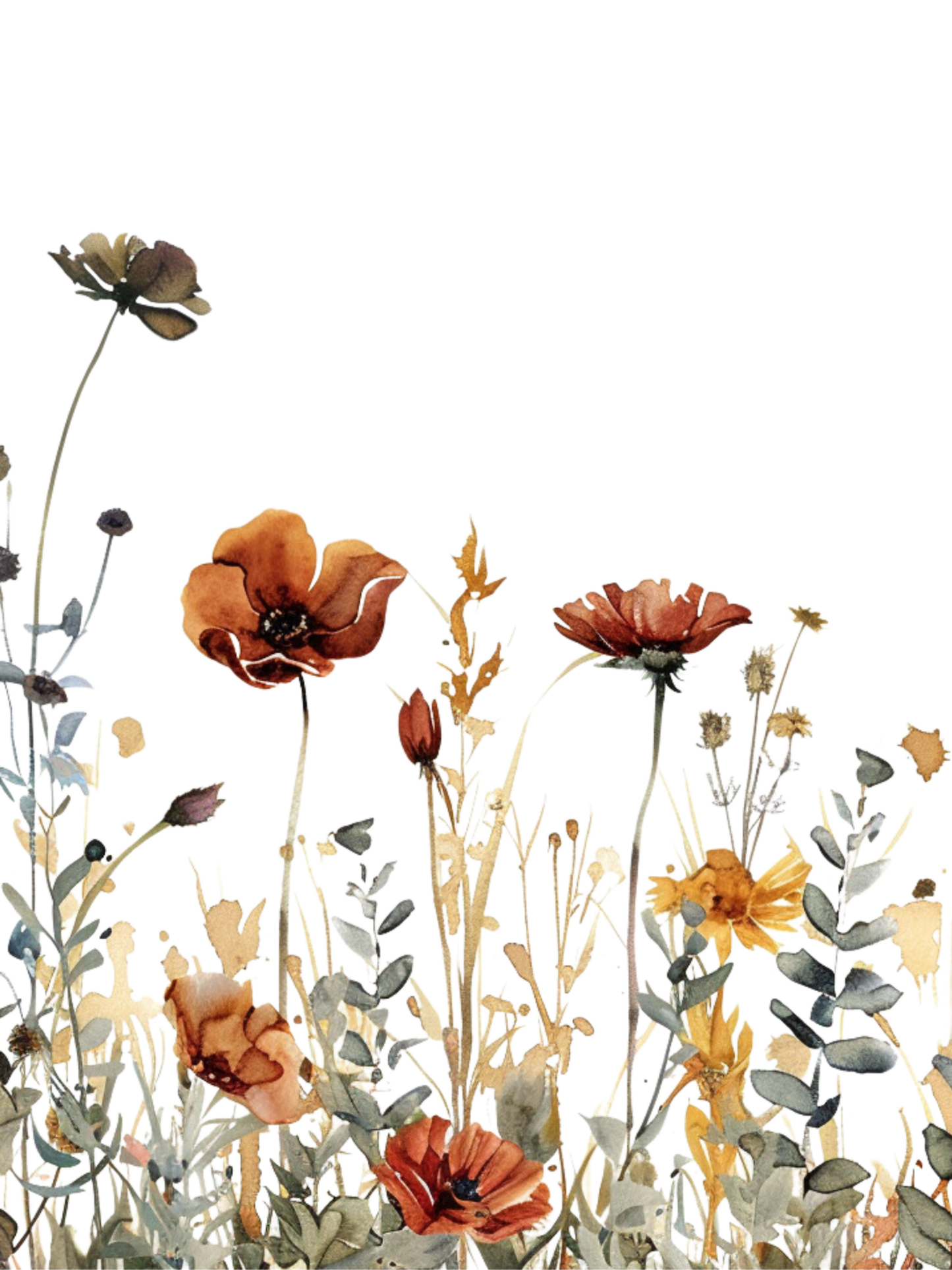 Flower wall art set of 3 featuring watercolor burgundy, orange, and cream color wildflowers. Set of 3 floral prints for bedroom, living room or kitchen
