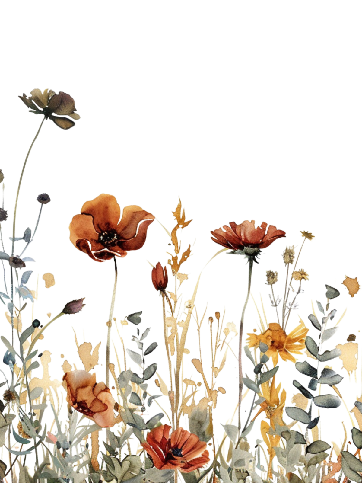 Flower wall art set of 3 featuring watercolor burgundy, orange, and cream color wildflowers. Set of 3 floral prints for bedroom, living room or kitchen