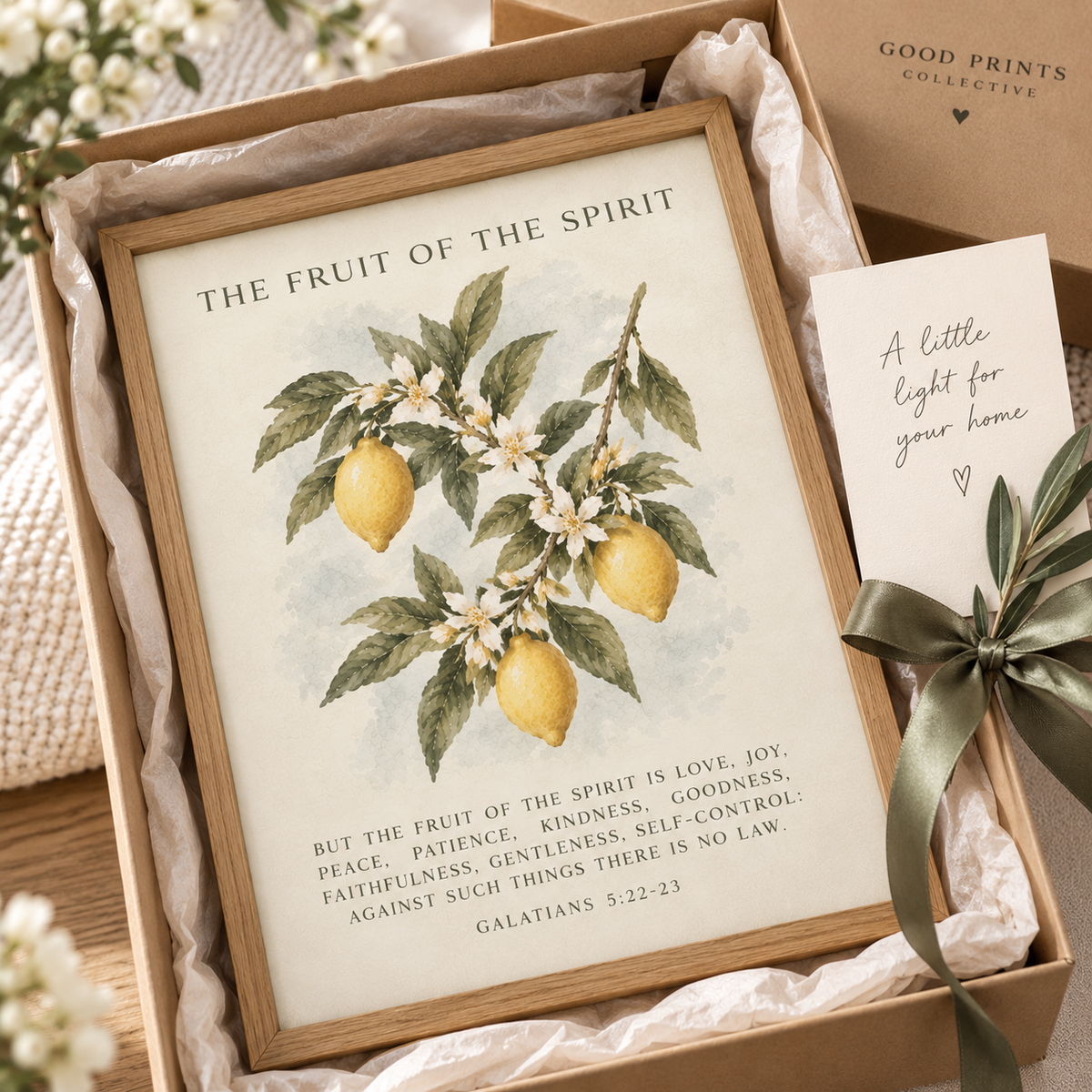 Fruit of the Spirit Galatians 5:22-23 botanical print packaged as a Christian gift
