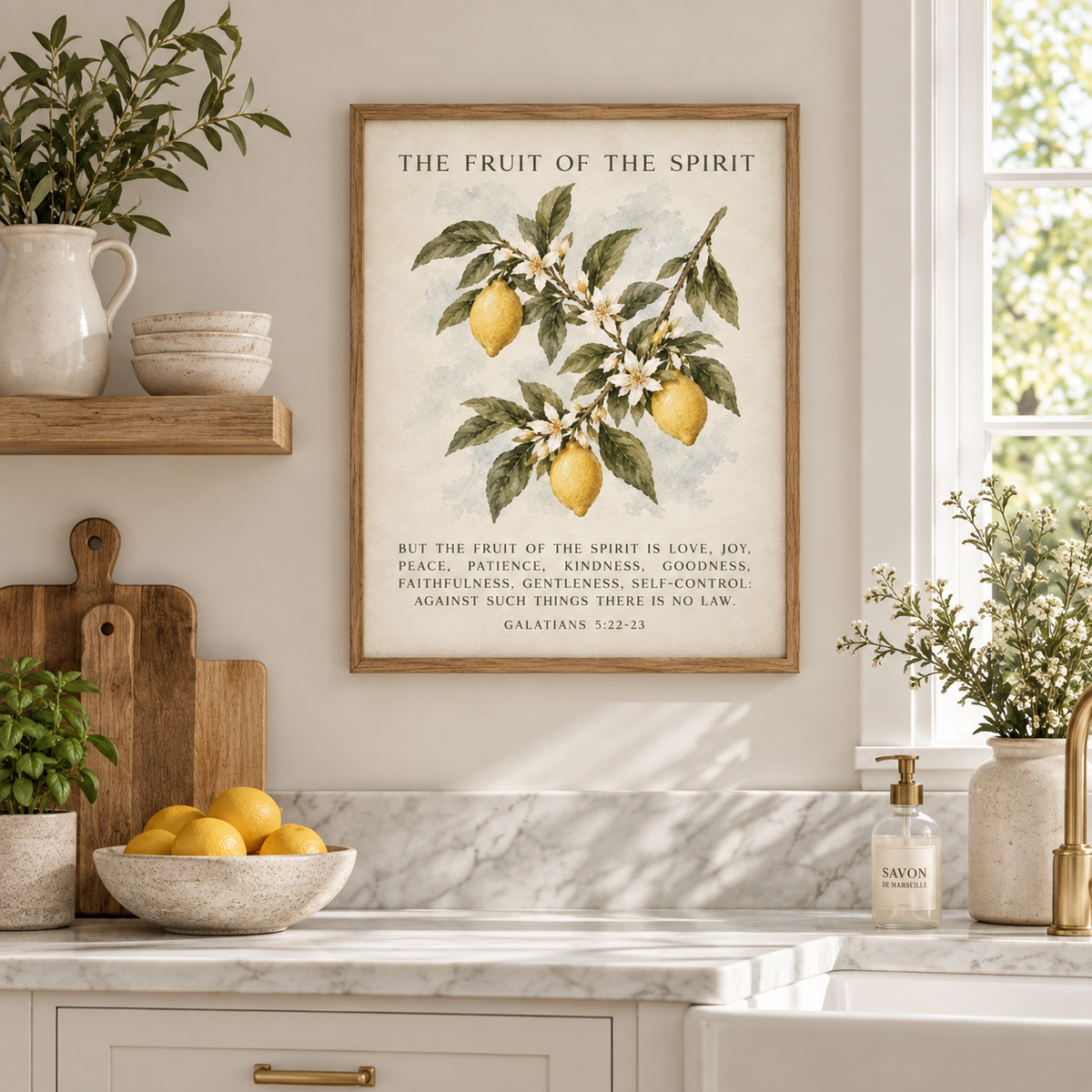 Galatians 5:22-23 Fruit of the Spirit botanical wall art displayed in a kitchen