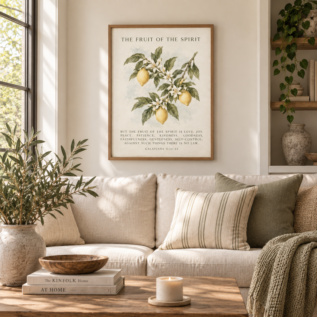 Fruit of the Spirit Christian wall art with lemon botanical displayed in a living room