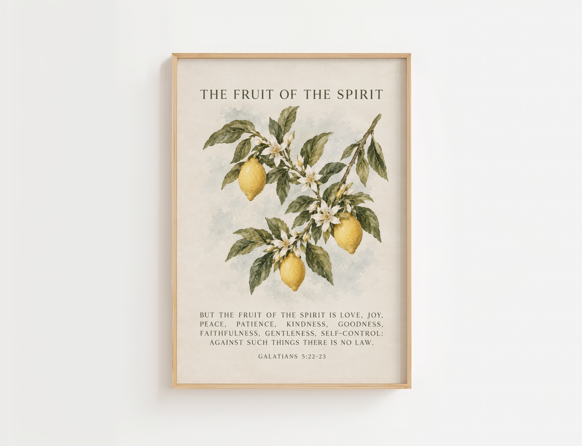 Fruit of the Spirit wall art with lemons and Galatians 5:22-23