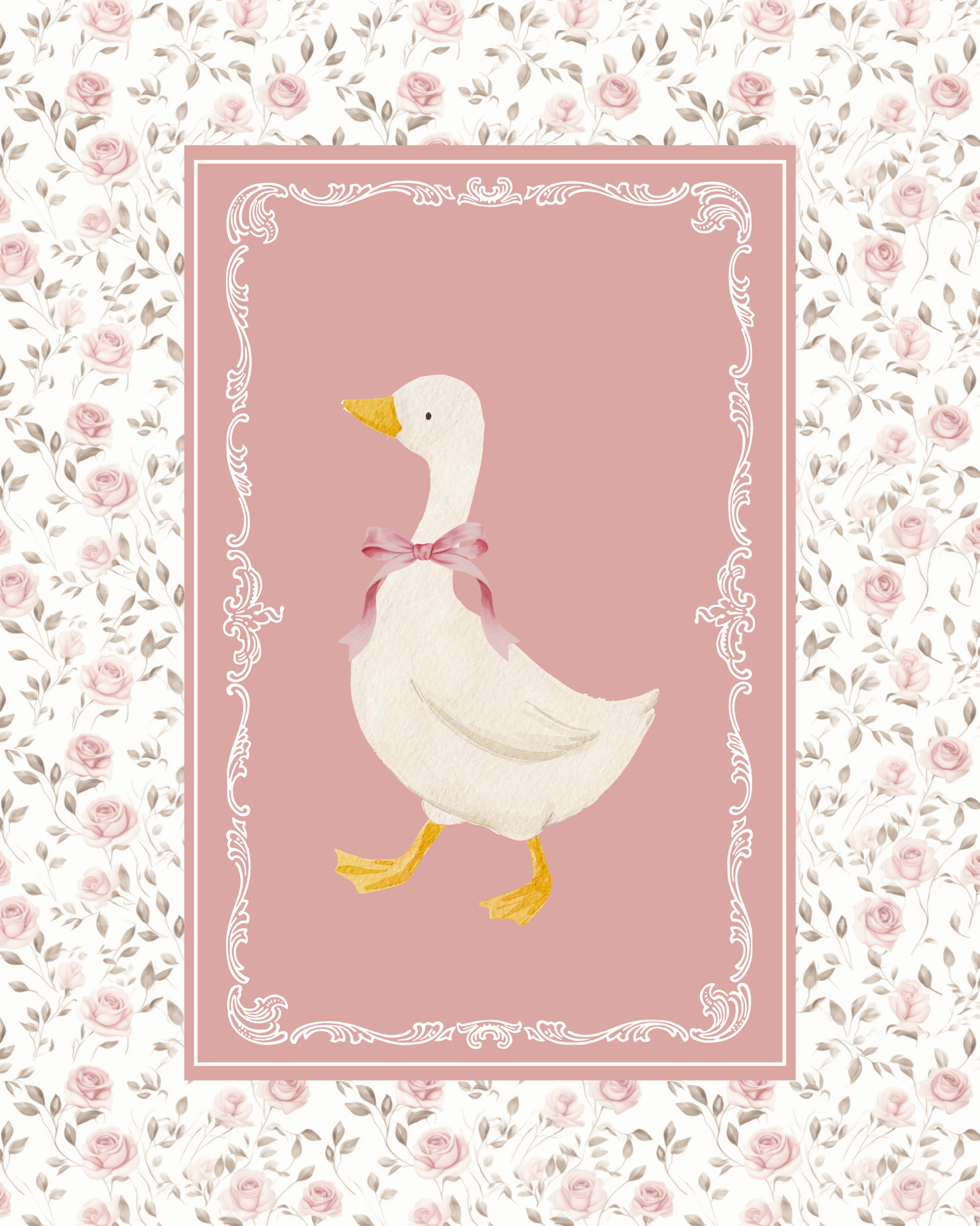Nursery wall art featuring a vintage goose with a pink bow framed with a cottagecore nursery design of delicate pink and sage flowers. Girl nursery wall decor set.