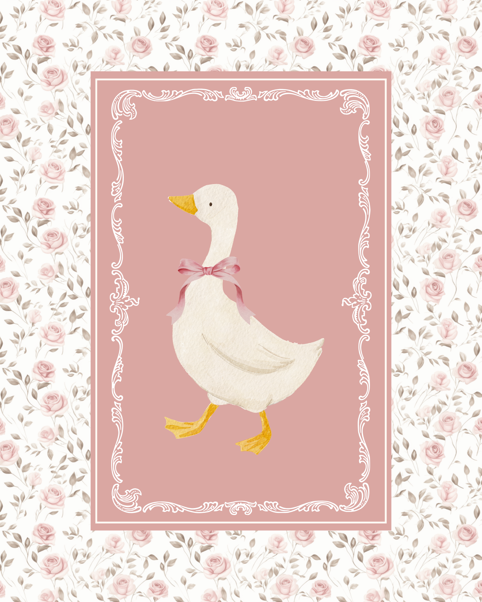 Nursery wall art featuring a vintage goose with a pink bow framed with a cottagecore nursery design of delicate pink and sage flowers. Girl nursery wall decor set.