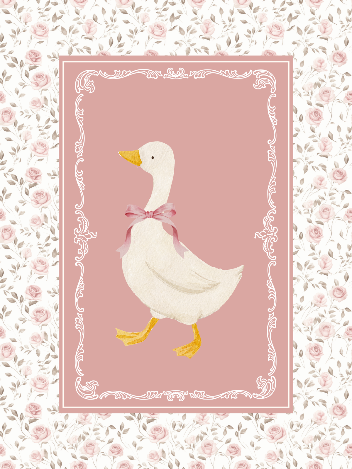 Goose nursery wall art featuring pink and sage flowers with a white goose wearing a pink bow. Girl nursery wall art for baby girl room.