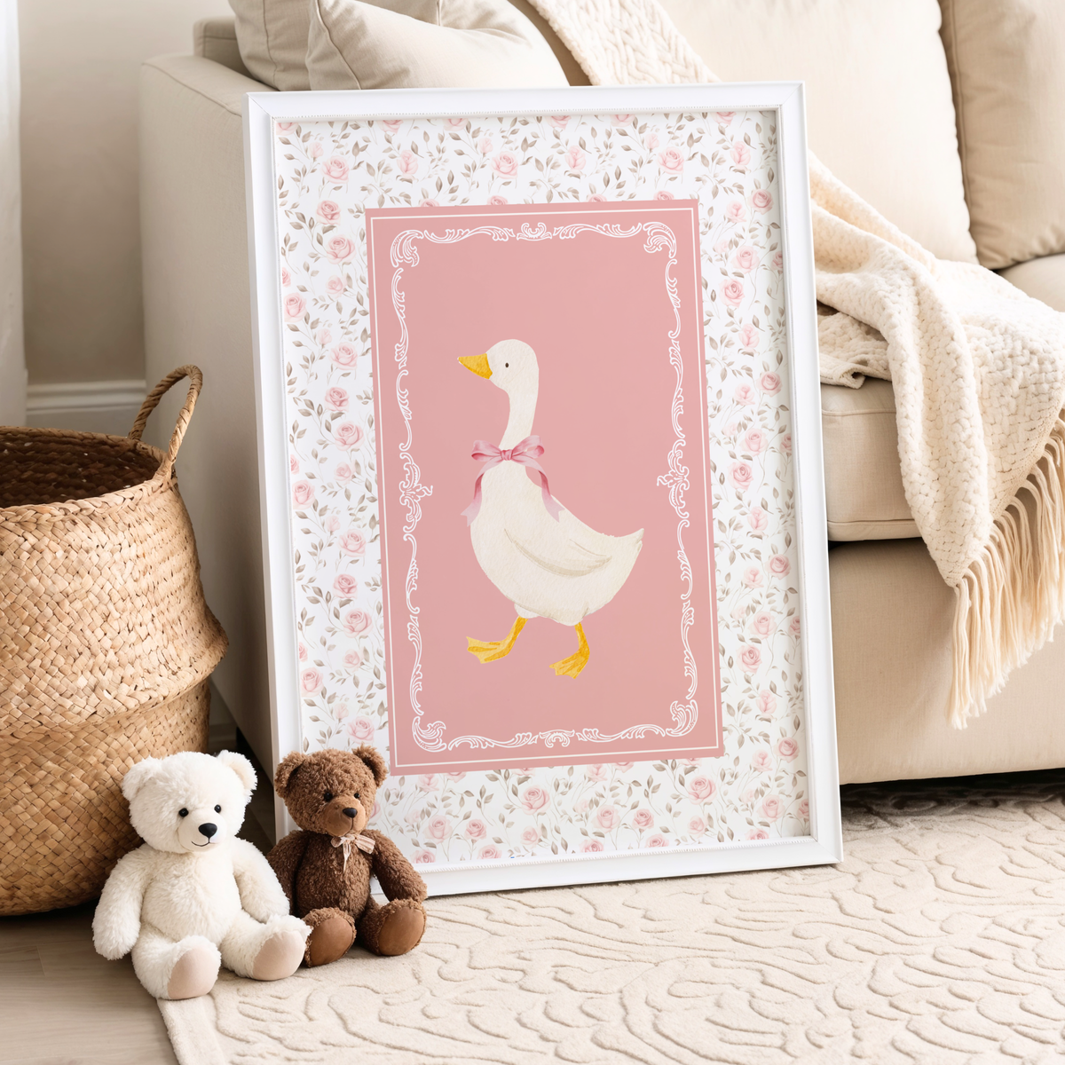 Goose nursery wall art featuring pink and sage flowers with a white goose wearing a pink bow. Girl nursery wall art for baby girl room.