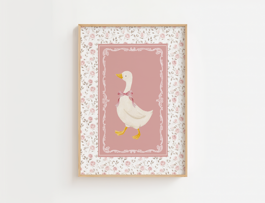 Goose nursery wall art featuring pink and sage flowers with a white goose wearing a pink bow. Girl nursery wall art for baby girl room.