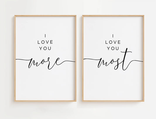 I Love You More I Love You Most wall art set with coordinating love quote prints.