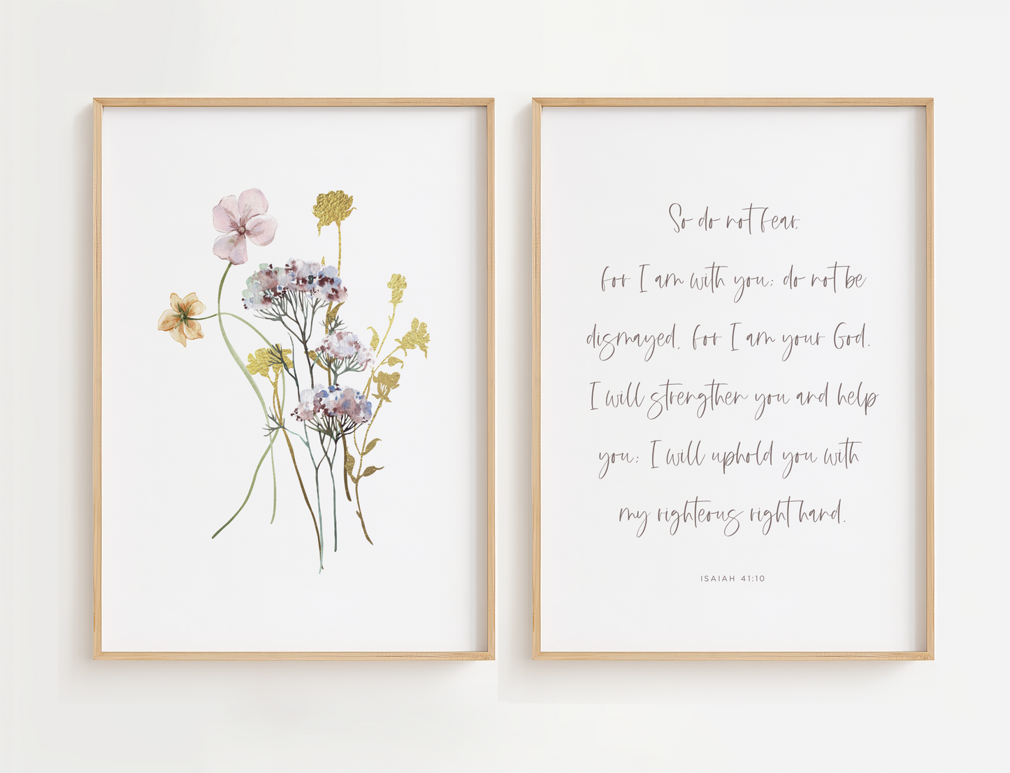 Christian Bible verse wall art featuring two prints including Isaiah 41:10 scripture and wildflowers. Wall art for living room or gift for women.