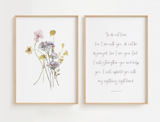Christian Bible verse wall art featuring two prints including Isaiah 41:10 scripture and wildflowers. Wall art for living room or gift for women.