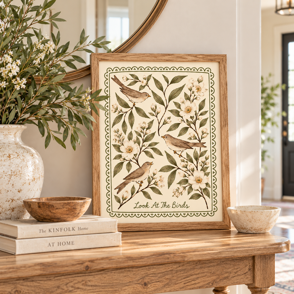 Look At The Birds Christian wall art in a natural oak frame on an entryway table styled with greenery, neutral books, and rustic decor in a bright cottage-style home.