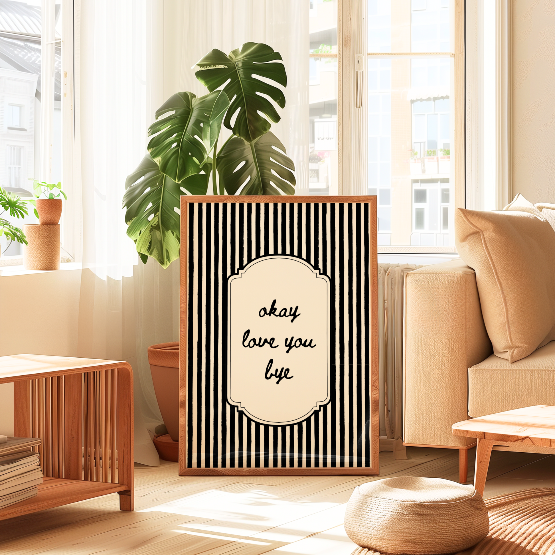 Modern wall art featuring framed artwork with black and white stripes and the quote, Okay Love You Bye. Home wall art.