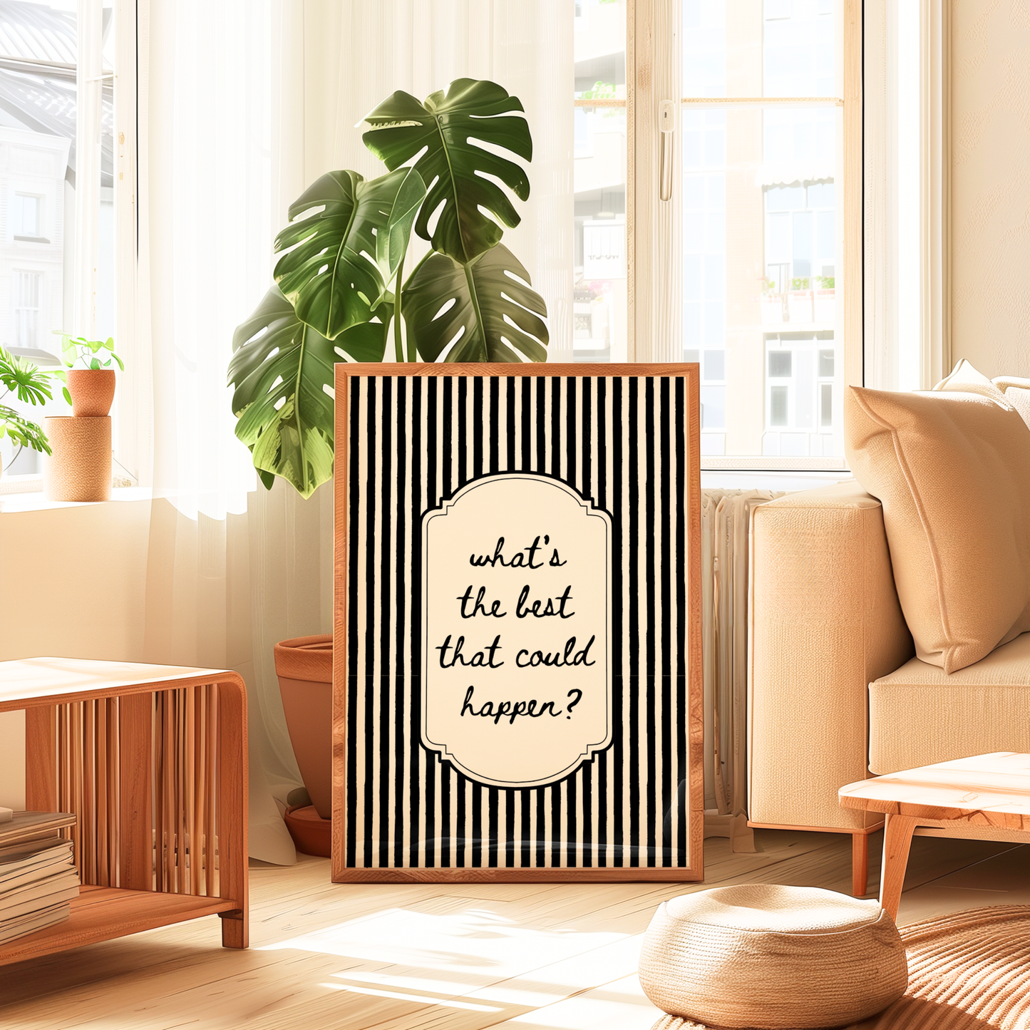 Modern wall art featuring framed artwork with black and white stripes and the quote, Okay Love You Bye. Home wall art.