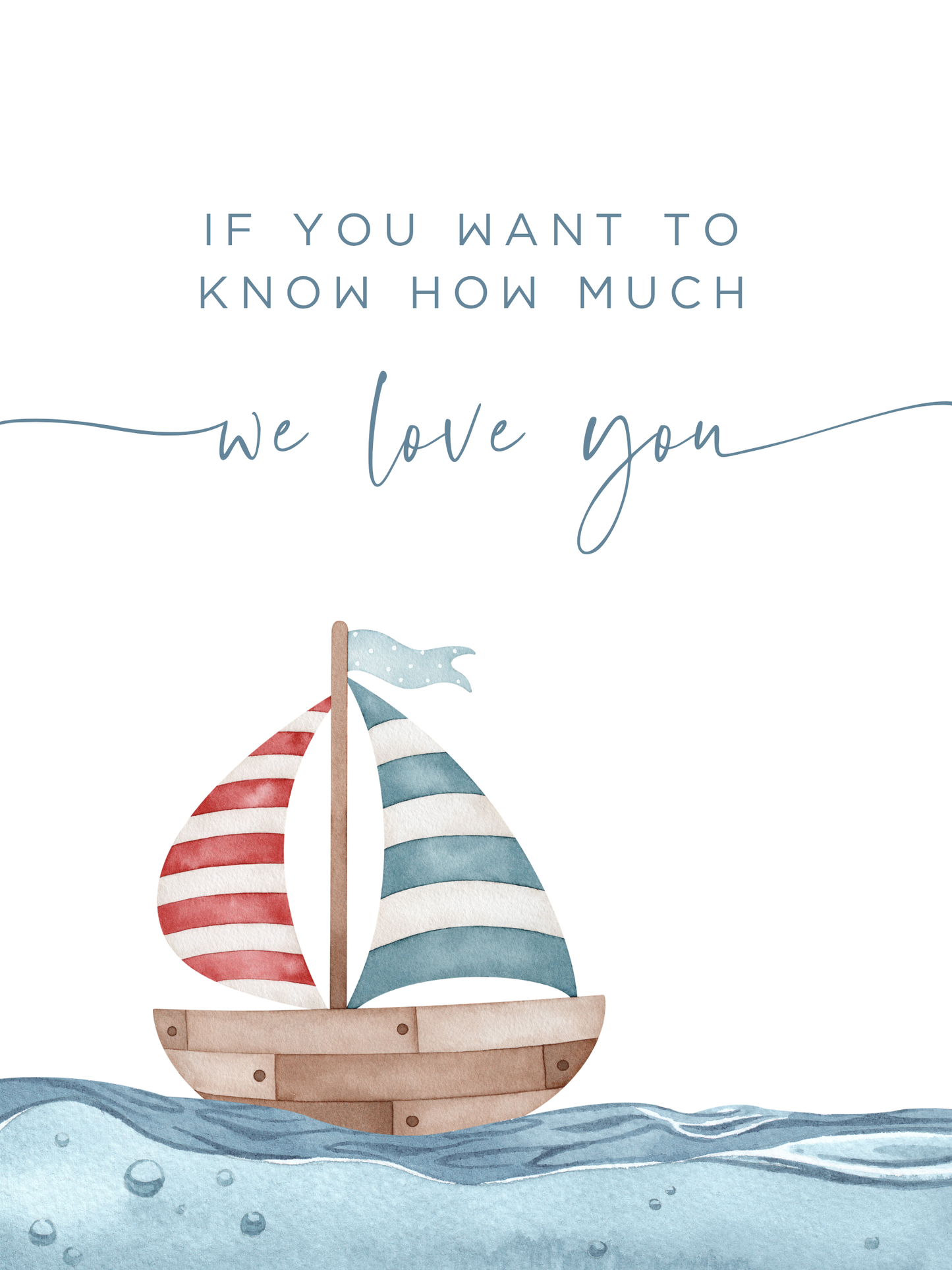Nautical nursery wall art featuring a blue, red and white sailboat on the ocean. Boy nursery wall art for baby boy room.