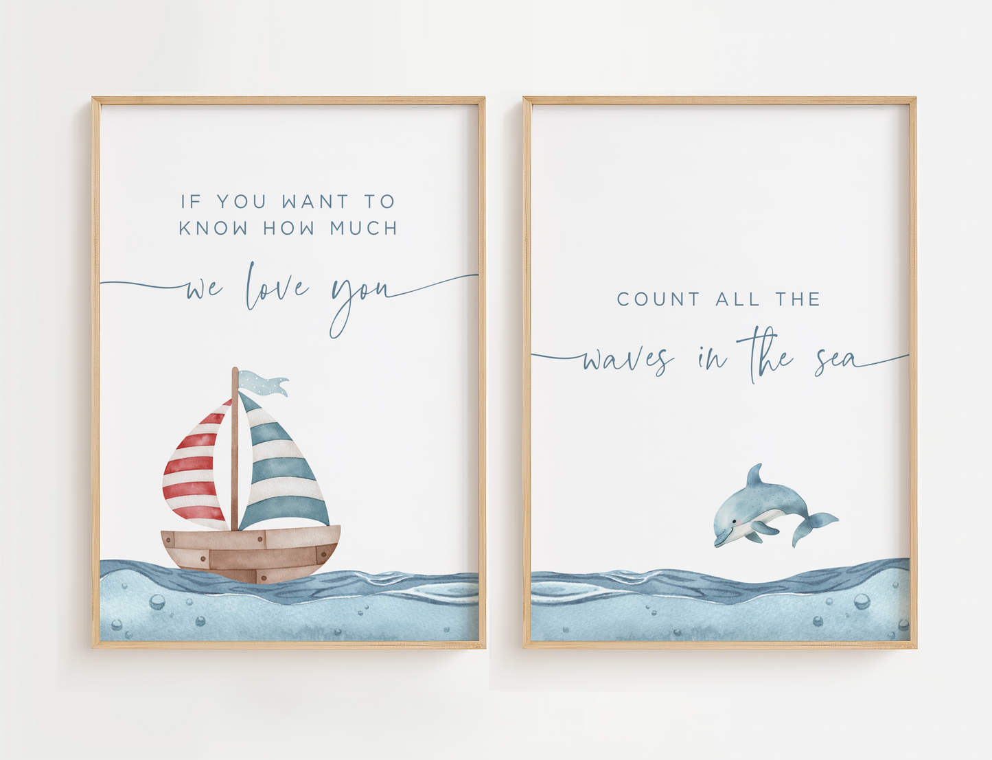 Nautical nursery wall art featuring a blue, red and white sailboat on the ocean. Boy nursery wall art for baby boy room.