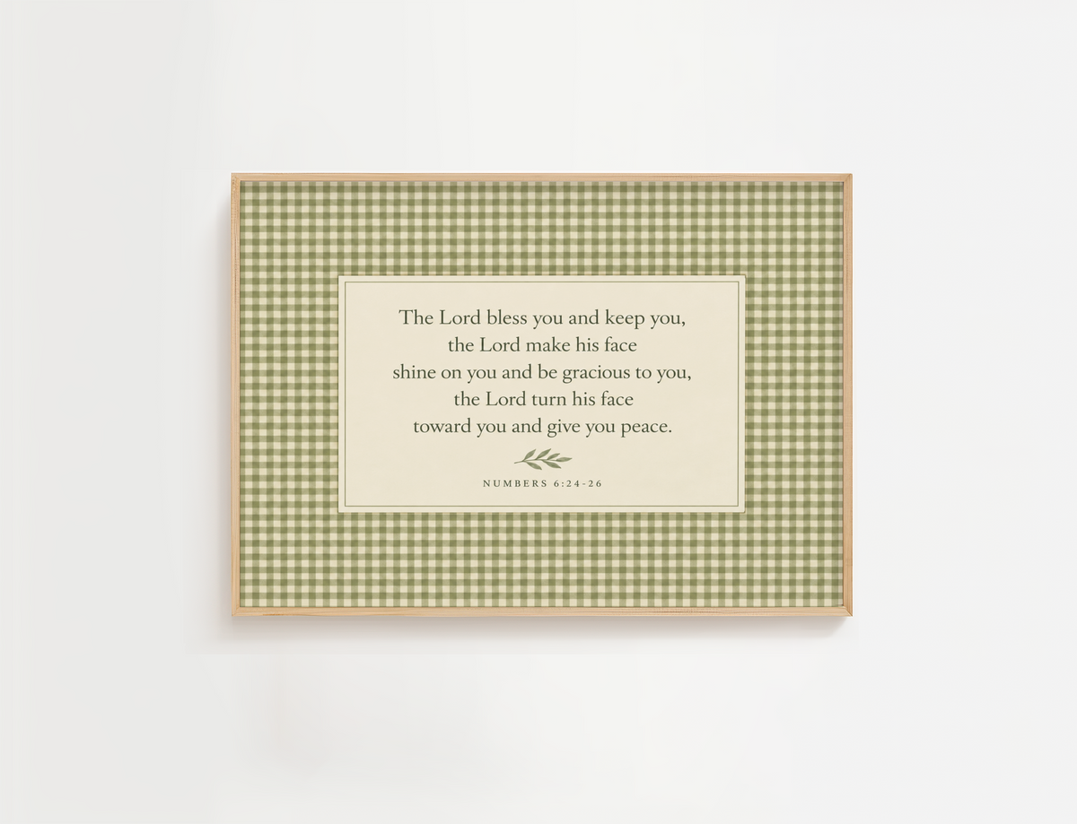 Numbers 6:24-26 Bible verse wall art in a wood frame with sage green gingham design.