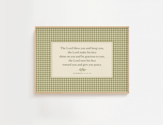 Numbers 6:24-26 Bible verse wall art in a wood frame with sage green gingham design.