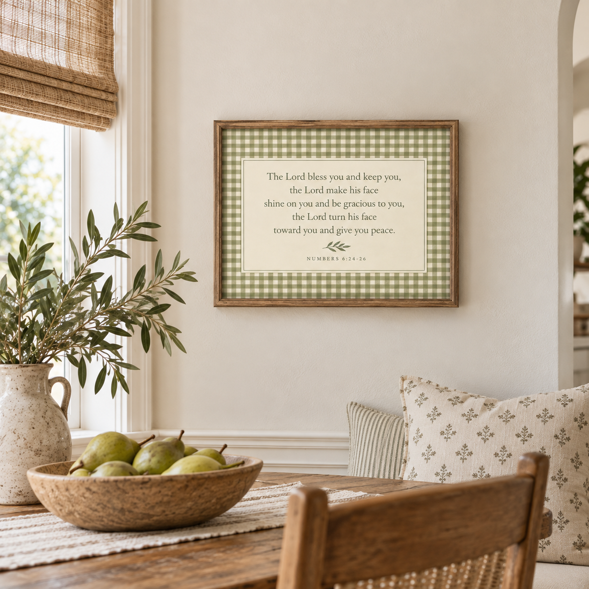 Numbers 6:24-26 Christian wall art displayed in a warm neutral dining room.