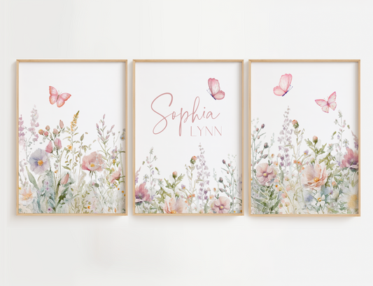 Flower nursery wall art featuring pink and sage flowers with butterflies and girl name sign. Girl nursery wall art for baby girl room.