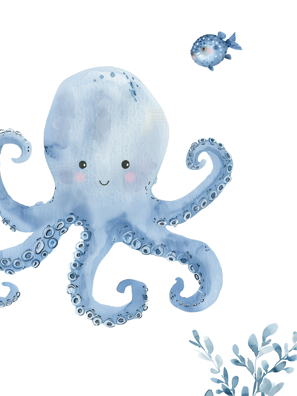 Ocean nursery wall art featuring blue octopus and puffer fish. Blue nursery wall art for baby boy room.