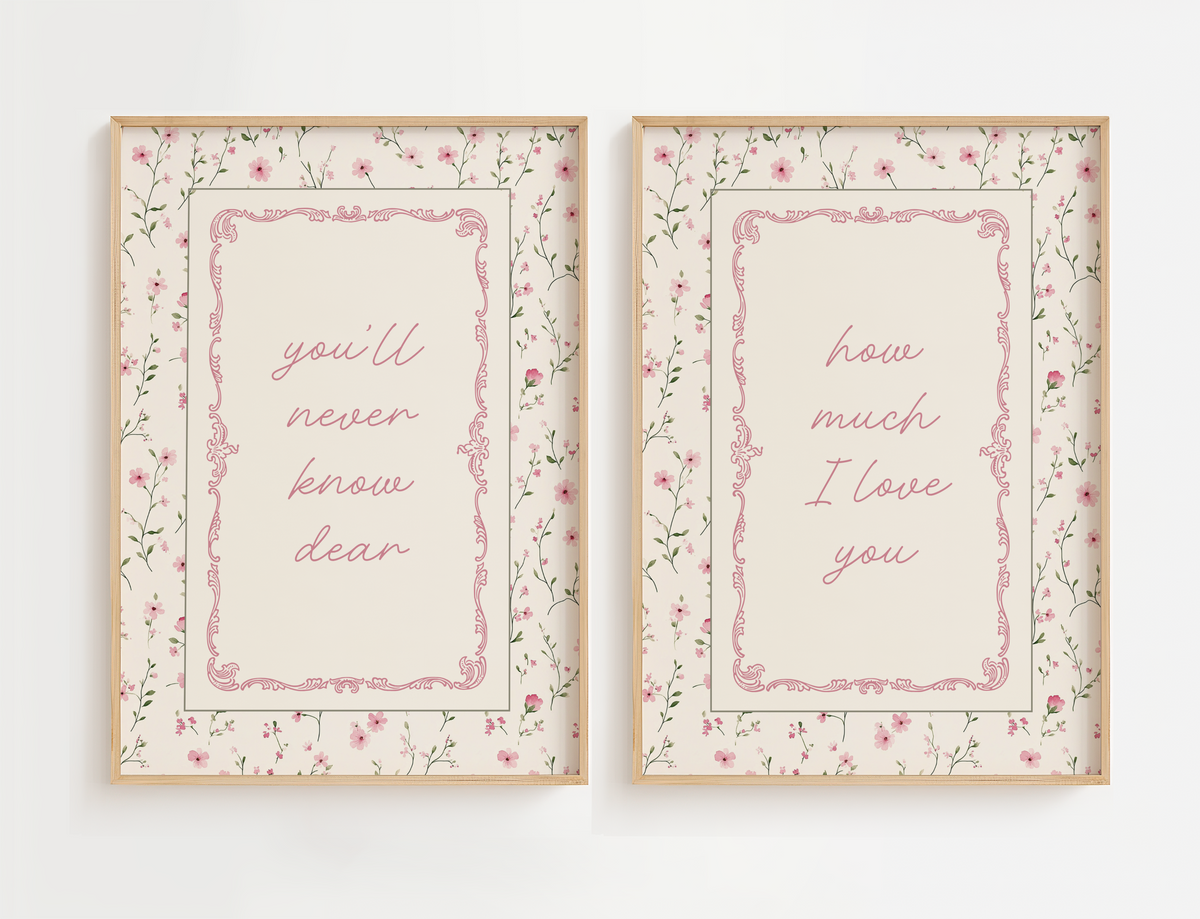 Flower nursery wall art featuring the quote, You'll Never Know Dear, How Much I Love You, and delicate pink and sage flowers. Girl nursery wall art for baby girl room.