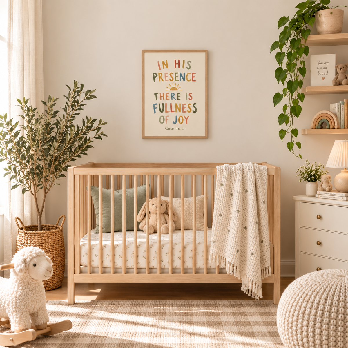 Psalm 16:11 Christian nursery wall art displayed above a natural wood crib