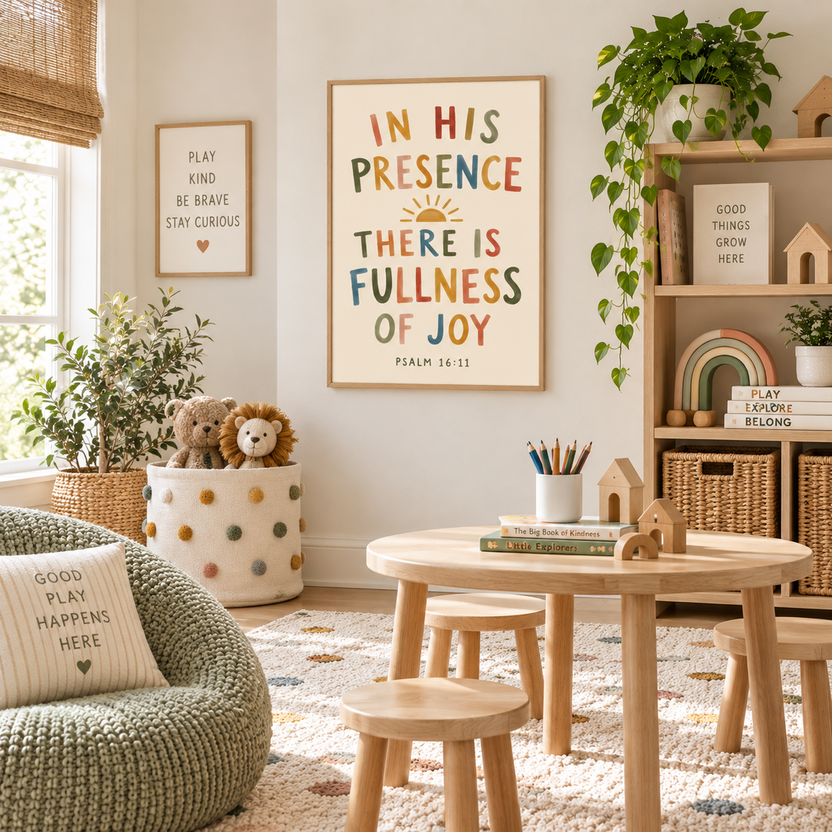 Colorful Bible verse wall art displayed in a neutral kids playroom