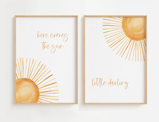 Sun nursery wall art featuring yellow suns in a set of two framed prints. Gender neutral nursery wall art.