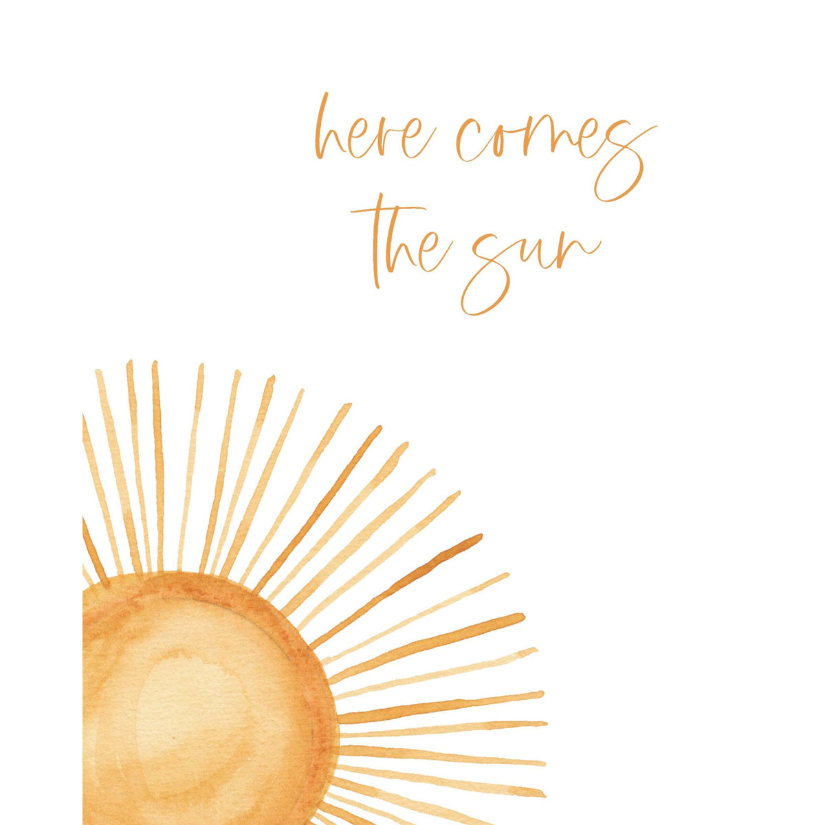 Sun nursey wall art featuring yellow sun and the quote, here comes the sun. Gender neutral nursery wall art.