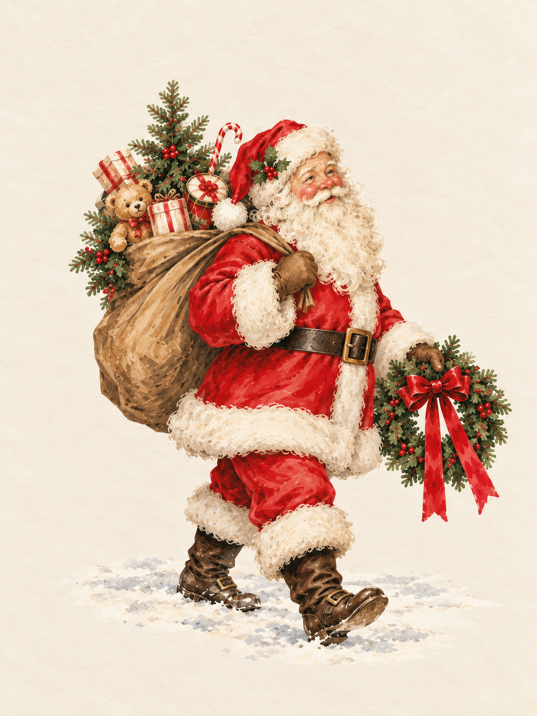 Vintage Santa Christmas wall art featuring Santa Claus in a red suit carrying a sack of toys, a Christmas tree, and a festive wreath with a red bow on a cream background.