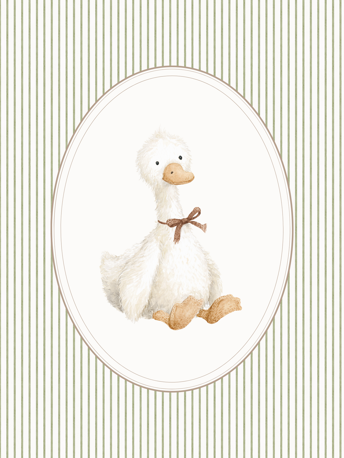 Vintage baby goose nursery wall art featuring a watercolor white goose with a brown bow in an oval frame. Gender neutral nursery wall decor for baby girls or boys.
