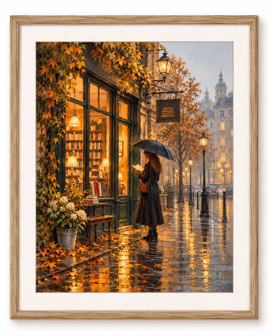 Vintage bookstore wall art featuring a cozy rainy autumn street scene, displayed in a natural wood frame with white matting.