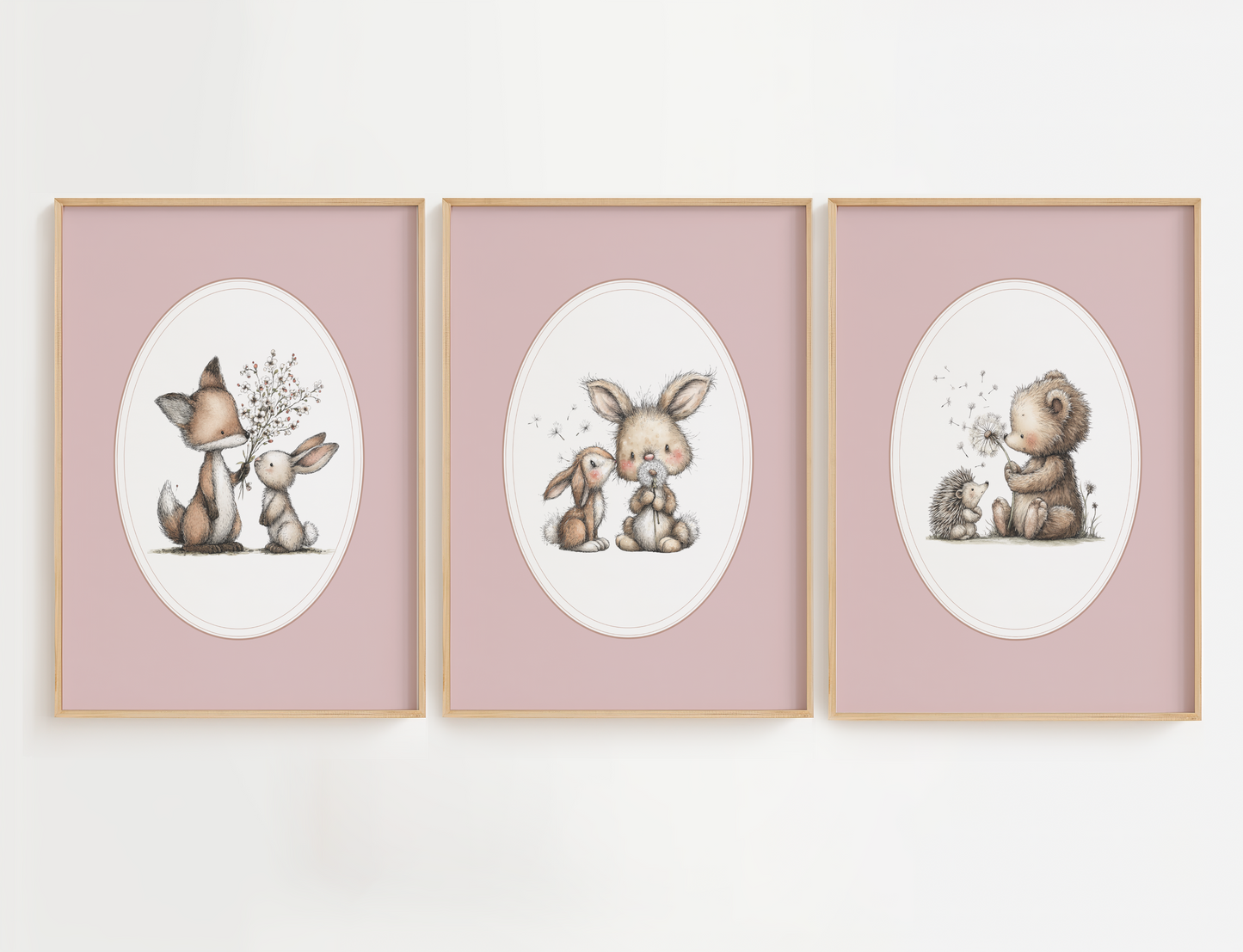 Bear and bunny nursery wall art set of 3 featuring vintage watercolor animal prints in neutral beige and brown tones. Girl nursery wall decor.