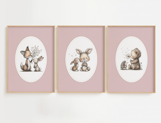 Bear and bunny nursery wall art set of 3 featuring vintage watercolor animal prints in neutral beige and brown tones. Girl nursery wall decor.