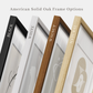Four wooden picture frames in black, white, walnut, and natural colors with labeled finishes.