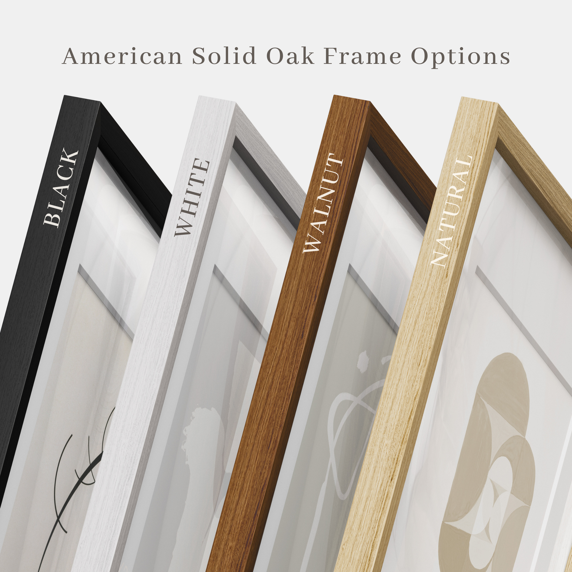 Four wooden picture frames in black, white, walnut, and natural colors with labeled finishes.