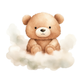 Teddy bear sitting on a cloud with a white background