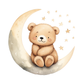 Teddy bear sitting on a crescent moon with stars around it on a white background
