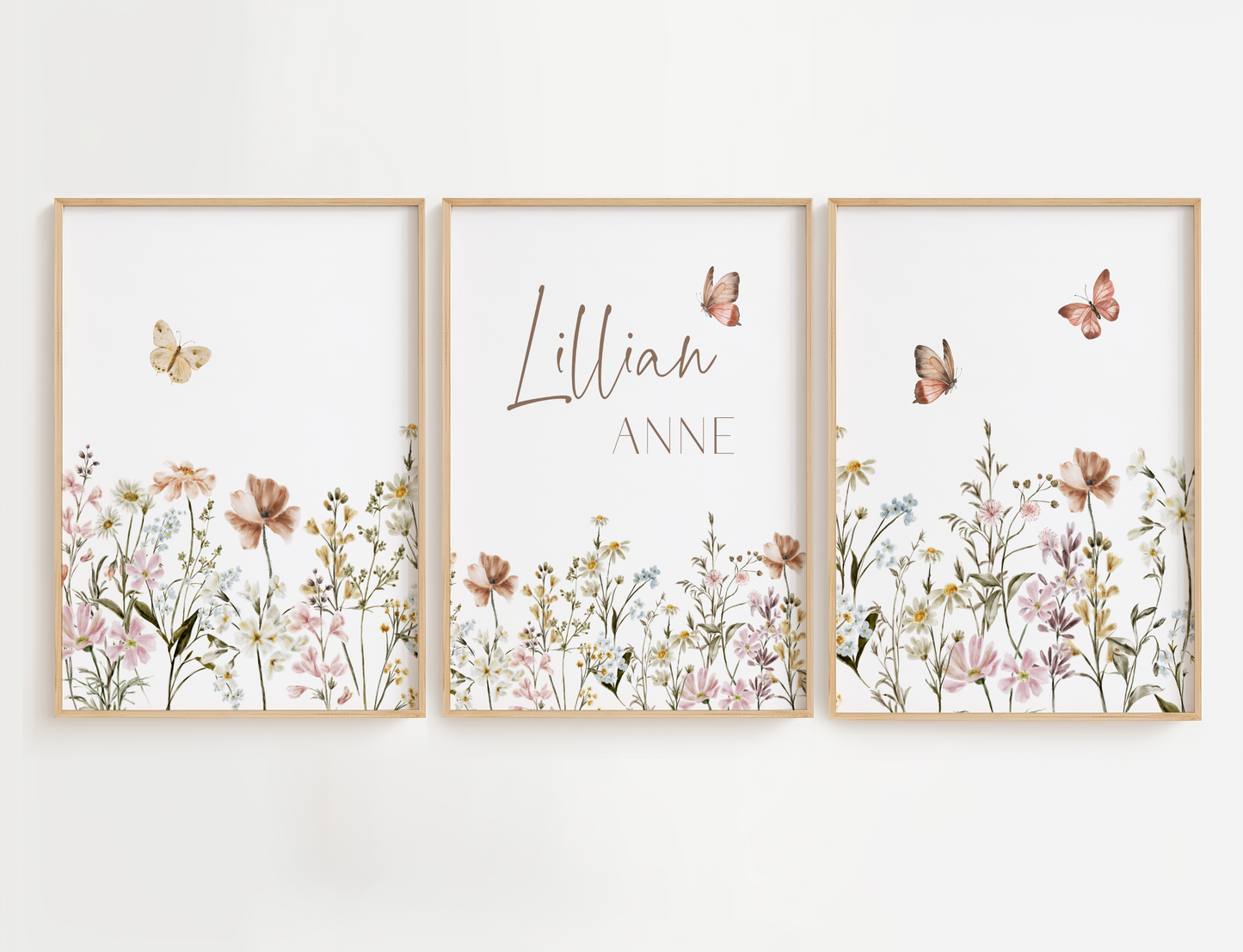 Butterflies and Neutral Flowers Wall Art. Featuring soft watercolor blooms in warm beige, ivory, and taupe tones, paired with delicate butterflies fluttering gracefully above