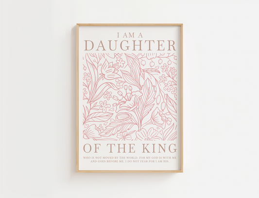  I Am a Daughter of the King wall art, beautifully designed in soft pink and brownish tones. 