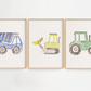colorful construction trucks nursery print set