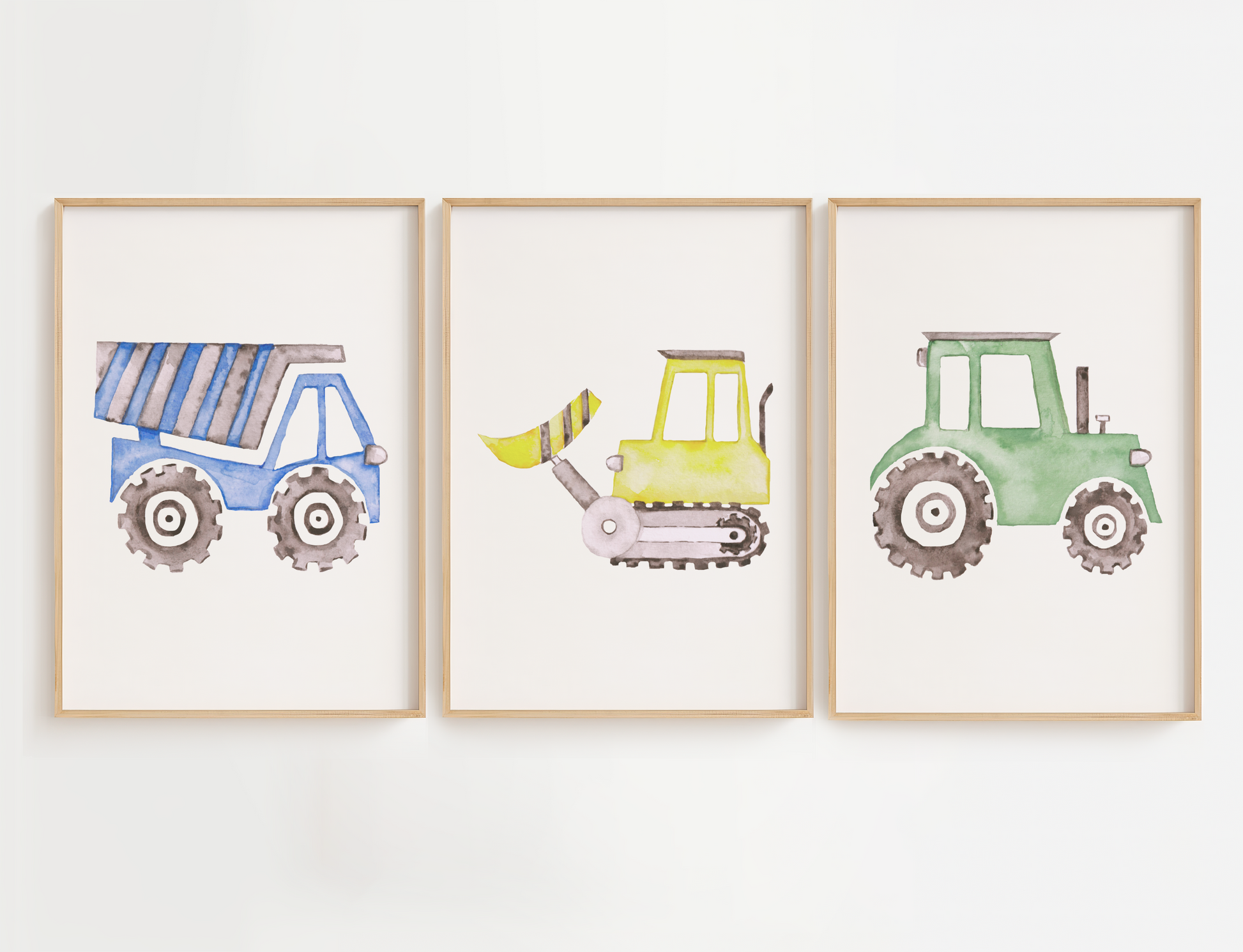 colorful construction trucks nursery print set