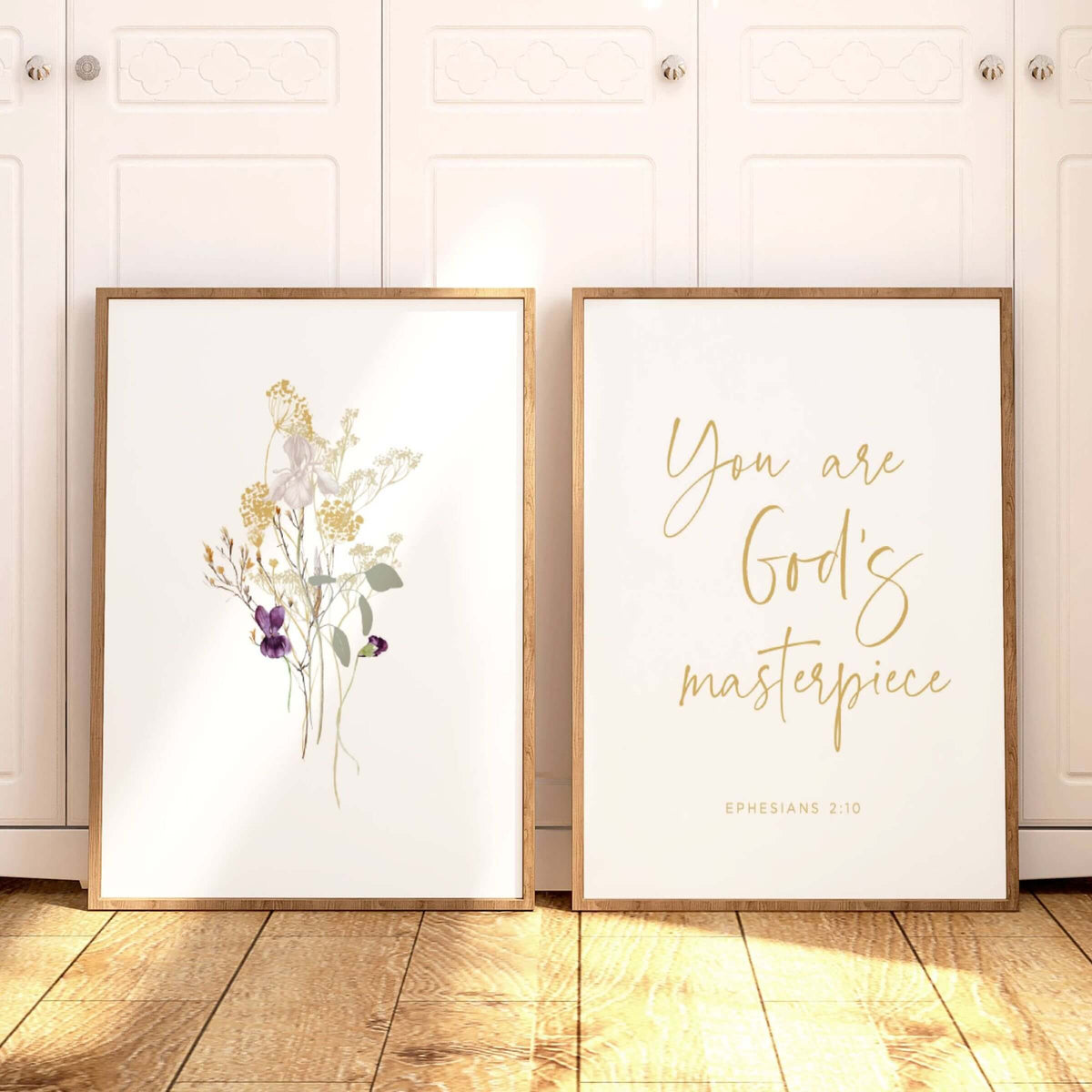 Ephesians 2:10 Christian wall art displayed against a closet door in a bedroom.