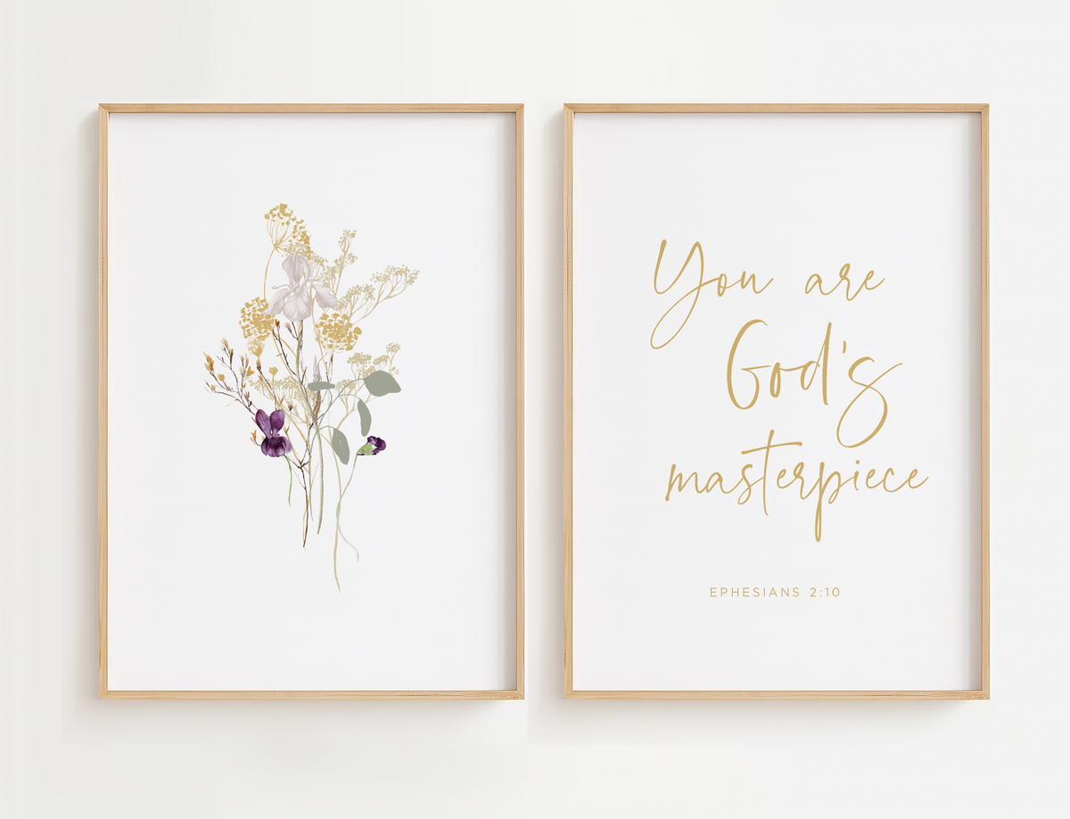 Ephesians 2:10 Christian wall art displayed in wood frames for home decor