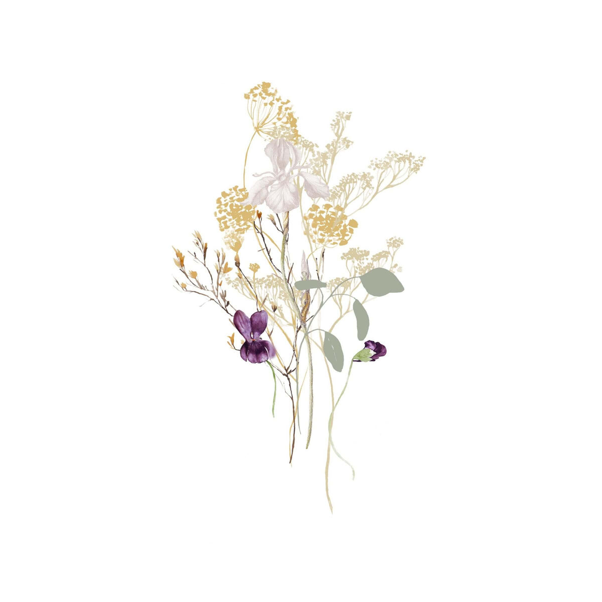 Delicate wildflowers featuring gold, purple and sage