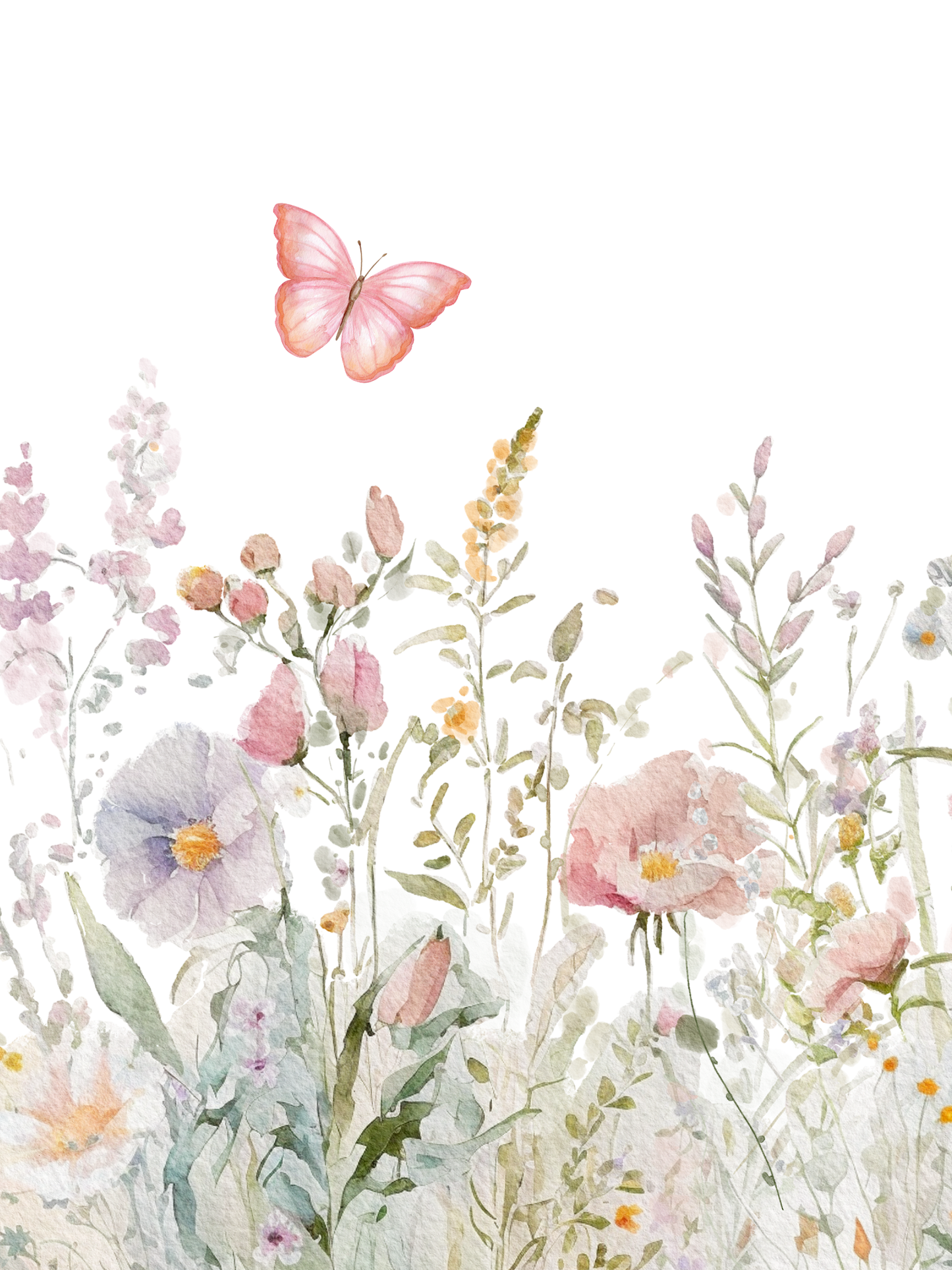 Floral nursery wall art featuring pastel sage and pink flowers and pink butterfly. Girl nursery wall decor.