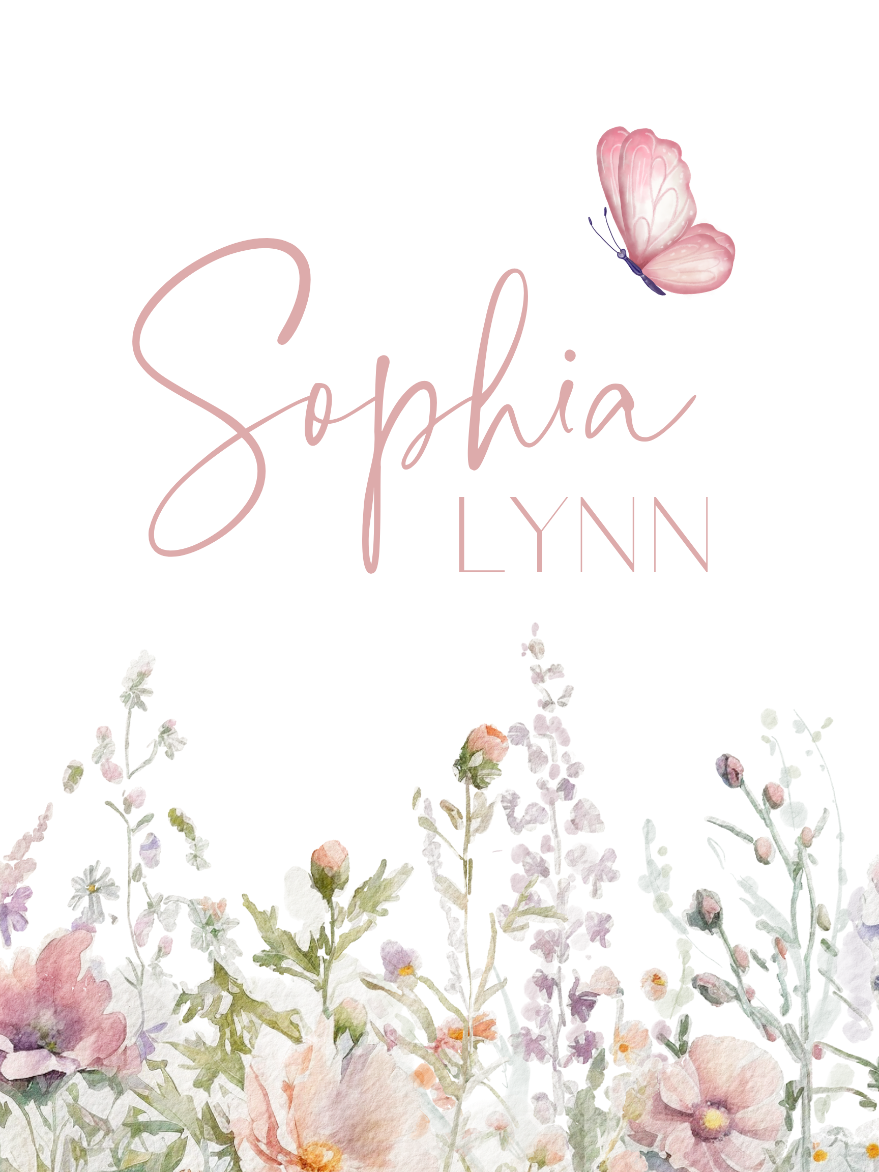 Floral nursery wall art featuring pink and sage flowers and pink butterfly with a girl name sign. Girl nursery wall decor.