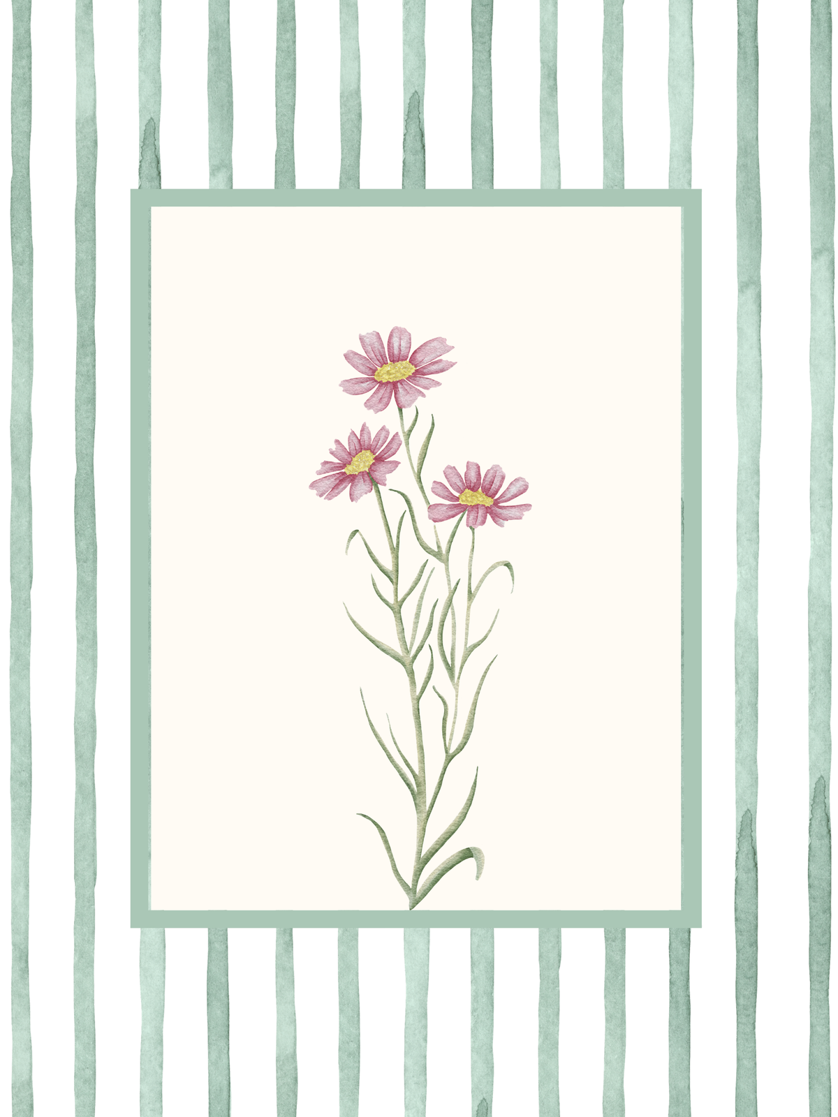 Flower bedroom wall art featuring delicate pink flowers with a green stripe boarder.