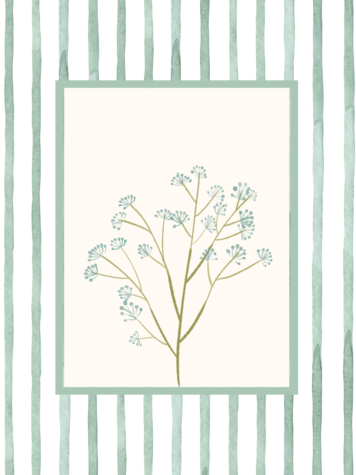 Flower bedroom wall art featuring delicate blue flowers with a green stripe boarder.